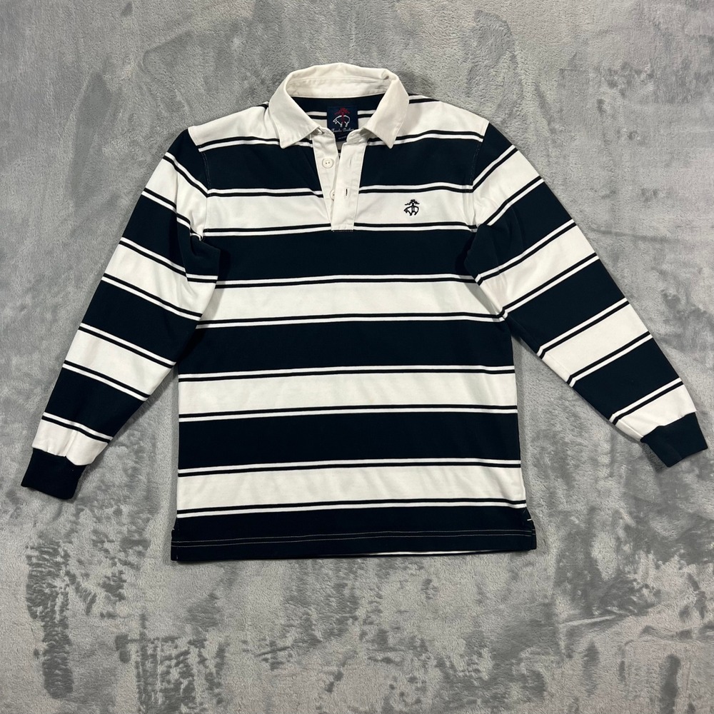 Brooks Brothers Fleece Rugby Shirt Youth M Navy White Striped Long Sleeve Polo
